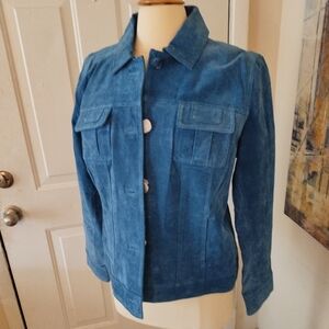 Dennis Basso Washable Blue Suede Leather Jacket Button Up Size M NWT